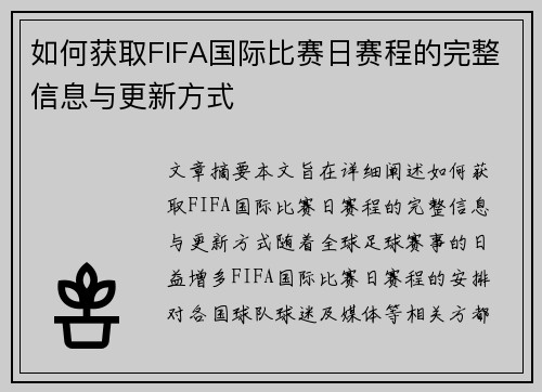 如何获取FIFA国际比赛日赛程的完整信息与更新方式