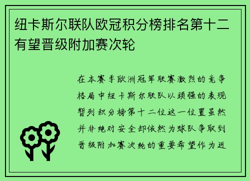 纽卡斯尔联队欧冠积分榜排名第十二有望晋级附加赛次轮